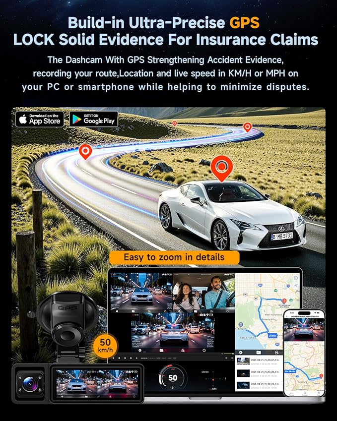 3 Channel Dash Cam, Dash Cam Front and Rear Inside, 5.8GHz WiFi Built-in GPS, Free 64GB Card, 3.2" IPS Screen, 4k Dash Camera