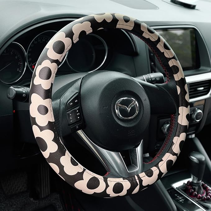 Microfiber Leather Steering Wheel Cover 14.5-15 inch, Black Floral Design, Anti-Slip Rubber Inner, Universal Fit for Cars, Tr