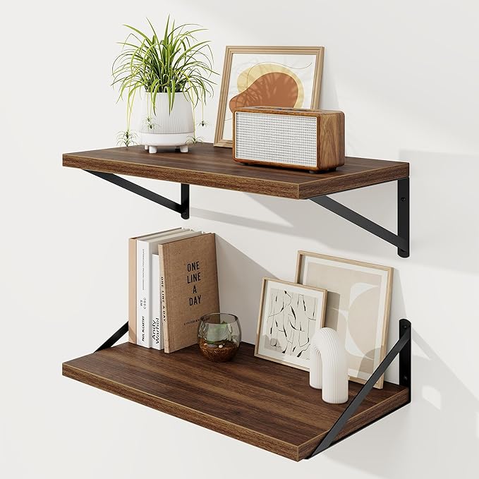 Floating Shelves, 12 Inch Deep Rustic Wood Wall Storage, 24W x 12D Wall Shelves Set of 2, Heavy Duty Metal Brackets, Large In