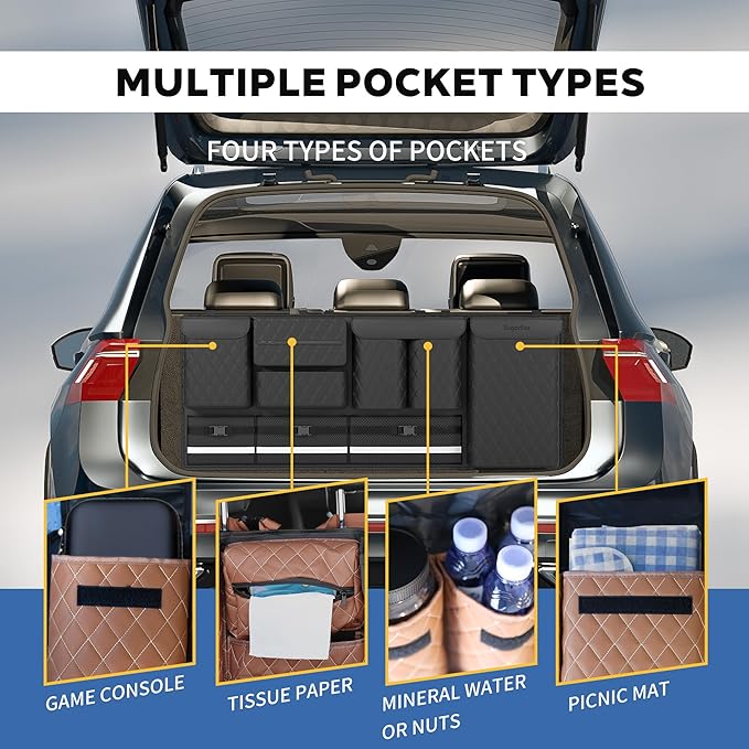 Backseat Hanging Organizer with Large Storage Bags | PU Leather, Large Capacity | Adjustable Straps, Waterproof & Collapsible |