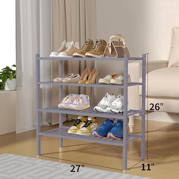 ROMGUAR CRAFT 4 Tier Bamboo Shoe Rack for Closet Free Standing Wood Shoe Shelf for Entryway Small Space Stackable 27"x11"x26"