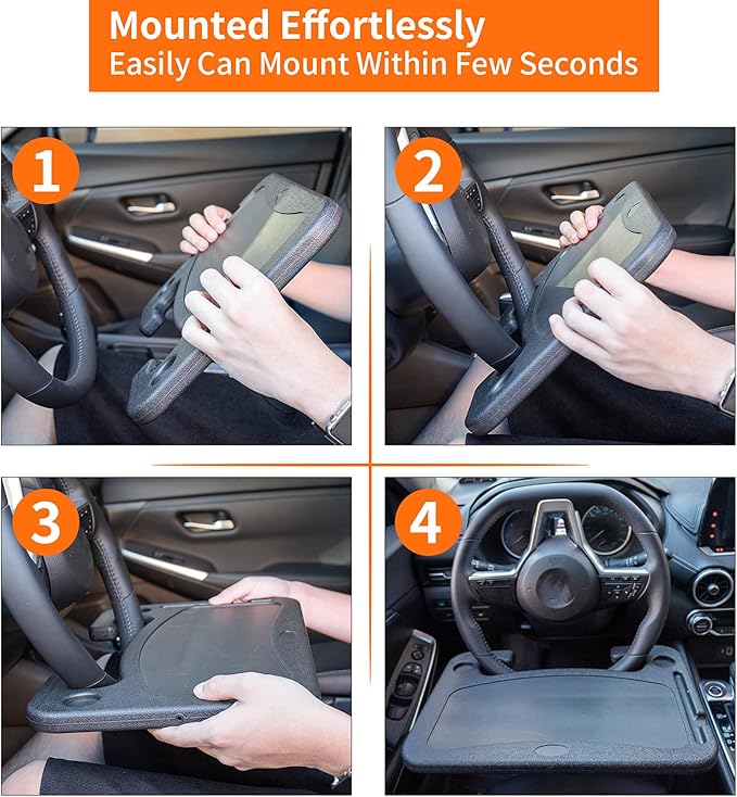Car Steering Wheel Tray Table Food Eating Hook On Steering Wheel Desk Laptop Holder with Cell Phone Stand Car Table Laptop Tray for Eating Tablet iPad and Notebook Black