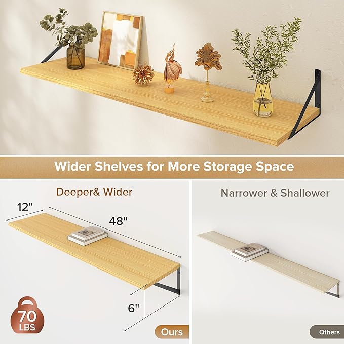 Deep Floating Shelves Wall Mounted, 48"x12" Oak Wall Shelves with Brackets Set of 2 for Bedroom, Living Room, Bathroom, Kitch
