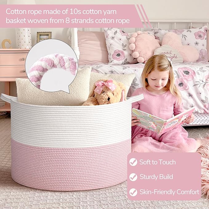 INDRESSME 115L Extra Large Pink Laundry Basket for Nursery Stuffed Animal Storage, Blanket Rope Baby Baskets Kids Toy Organiz