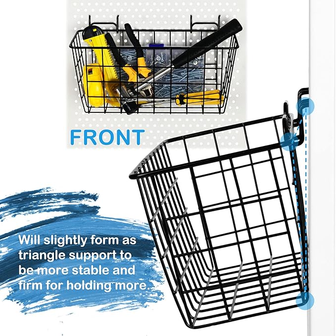 4 Pack Pegboard Baskets, Black Metal Shelves Hooks to 1/8" and 1/4" Hole Peg Boards, Peg Board Baskets Bins Set - Organize To
