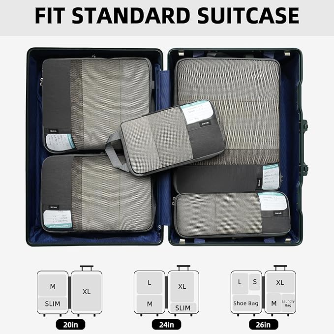 BAGAIL 6 Set Lightweight Compression Packing Cubes with Packing List, Anti-Tearing Expandable Organizer Bags for Travel, Dark