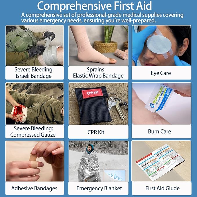 Premium First Aid Kit - Waterproof Molle Medical Bag with Color-Coded Compartments, with Israeli Bandage, Rescue Blanket & CP