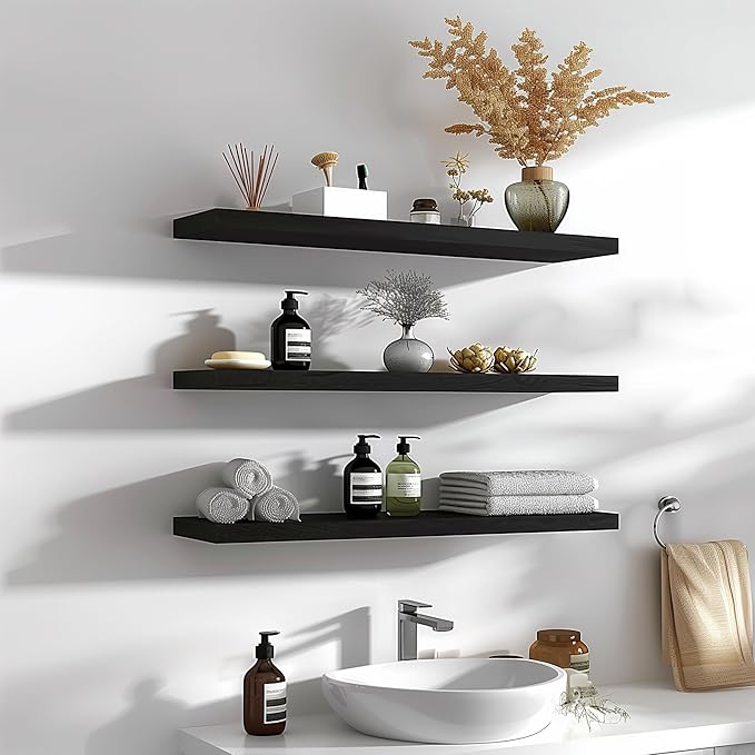 36 Inch Floating Shelves for Wall Rustic Black Wood Wall Shelves for Bedroom Set of 4