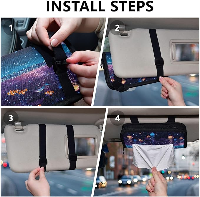 Car Tissue Holder Car Visor Organizer Tissue Box Holder for Car Sun Visor Organizer with Car Vehicle Accessories Essentials Interior for Women Men Purple Jellyfish Clownfish Dolphin