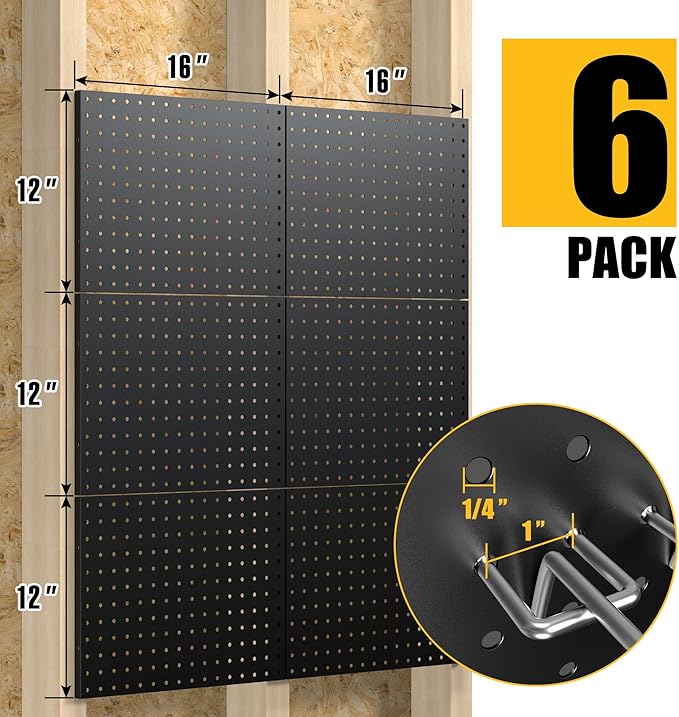 Spampur Peg Board, 6 Pack Metal Pegboard Panels Black Pegboards Wall Organizer with 50 Hooks, Heavy Duty Peg Board for Walls 
