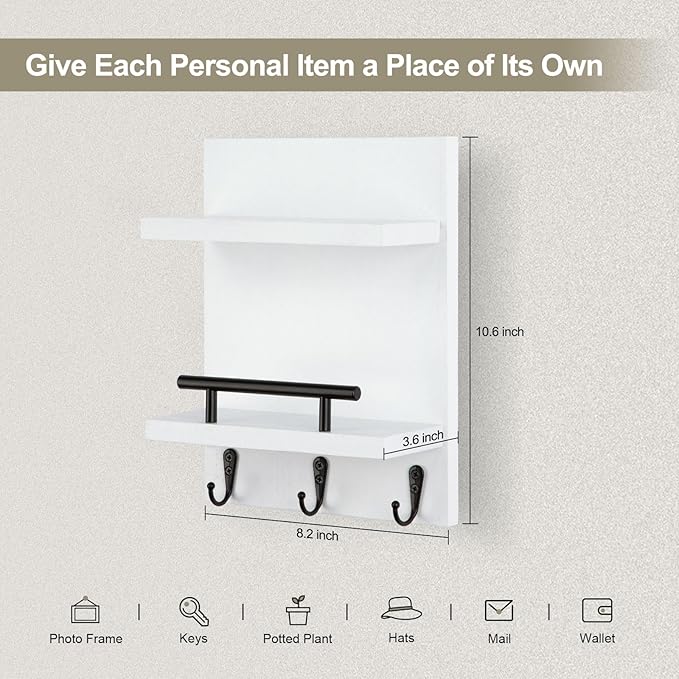 Key Holder Wall Mount, Mail Shelf Decor with 3 Key Hooks, Versatile Wood Wall Organizer for Entryway Hallway (8.2” x 10.6”x 3