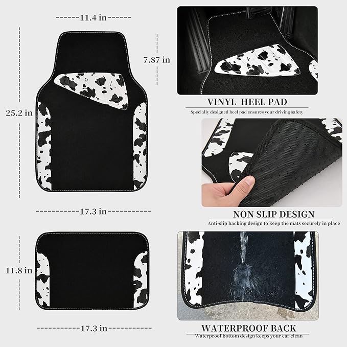 CAR PASS Waterproof Universal Fit Car Floor Mats, Cow Print Car Mats Fit for SUV,Vans,sedans, Trucks,Set of 4pcs Car Carpet w