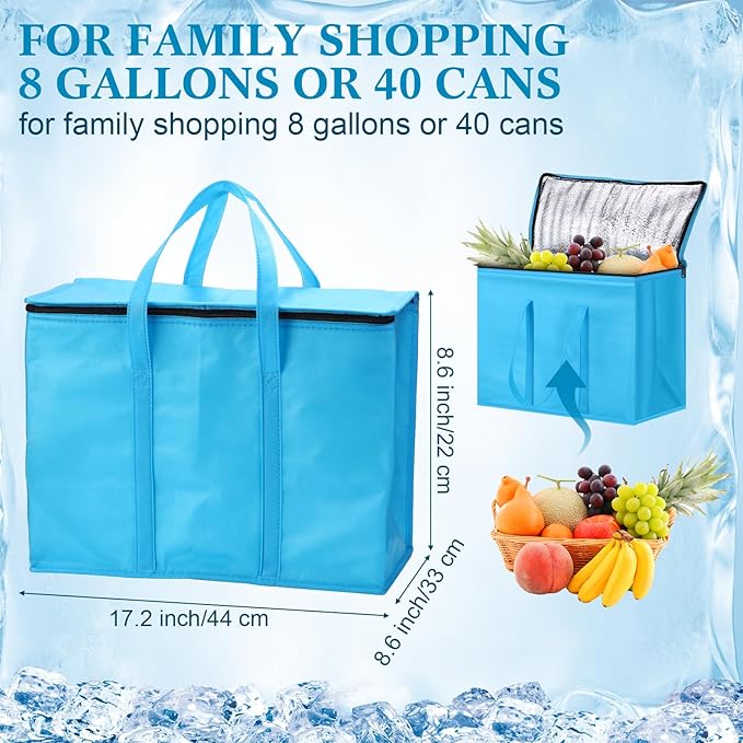 3 Pack XL-Large Insulated Reusable Grocery Bags Foldable Cooler Bag Collapsible Shopping Tote for Groceries Stands Upright Storage Bags with Zippered Top and Handles for Food Deliver(Blue)