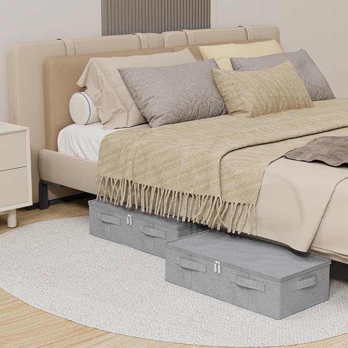Underbed Storage Box, Foldable Under Bed Bins Container, Fabric Closet Organizer with Lid, for Clothes, Sheets, Blankets, 23.