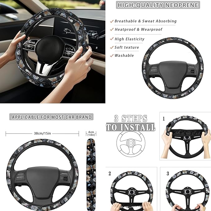 Dragonfly Car Seat Cover Full Set with Auto Steering Wheel Cover Seat Belt Strap Pads Cup Coasters Armrest Pad Floral Keychains Chapstick Holder Universal Fit, 13 PCS