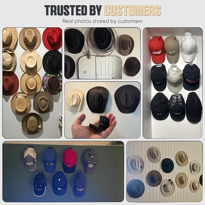 Modern JP Adhesive Hat Hooks for Wall (10-Pack) - Cowboy Hat Rack, Wide Brim Hat Organizer, Strong Hold Hat Hangers for Wall 