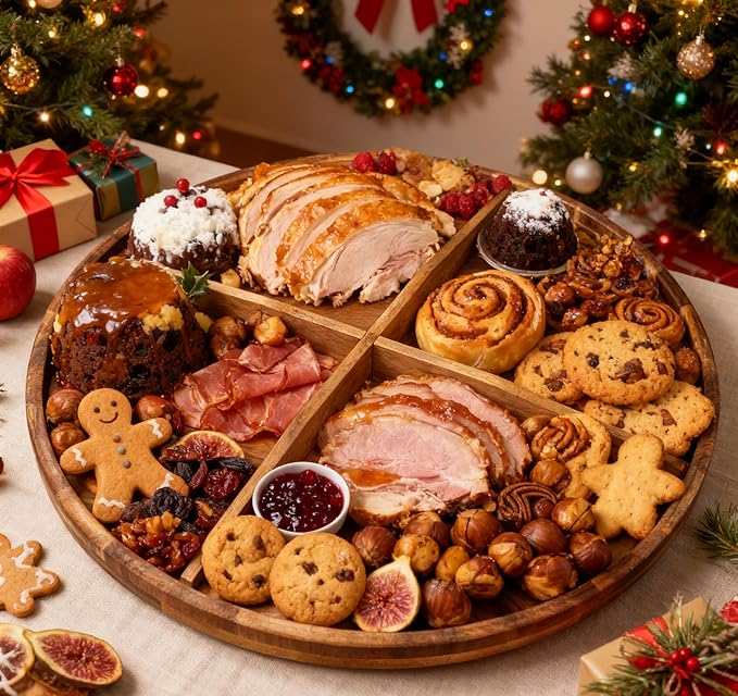 Utoplike Extra Large Acacia Wood Serving Tray, 23.6'' Round Charcuterie board, Cheese board with Rotating Base Raised Edge an