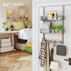 SWTYMIKI Over The Door Hooks Organizer - Multi-Functional Door Hanger with 16 Hooks & 2 Mesh Baskets, Long Coat Rack for Bath
