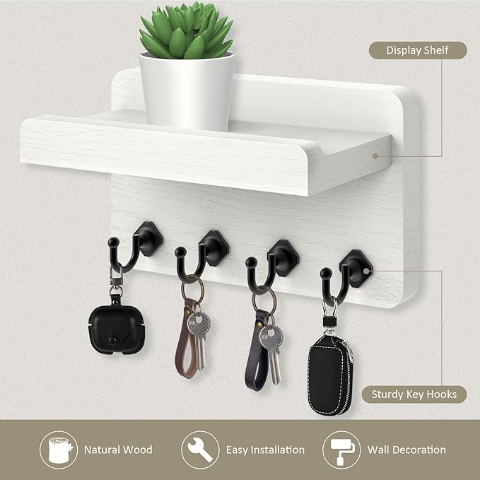 Nekon Key Holder Wall Mount, 8.5 Inch Small Home Decor Wooden Wall Organizer with 4 Hooks and Shelf, Key and Mail Holder for 