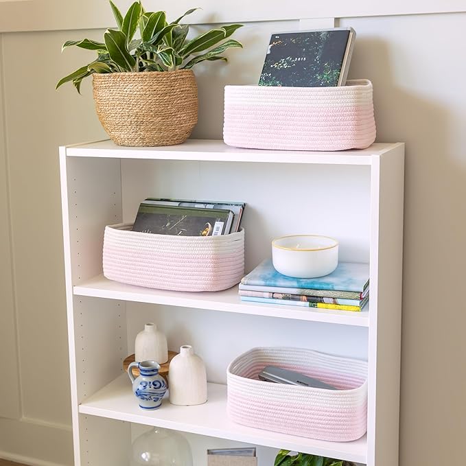 NaturalCozy 13.5”x8.5”x5.5” Rectangle Storage Baskets for Shelves 3 Pack | Cotton Rope Woven Small Baskets for Organizing | S