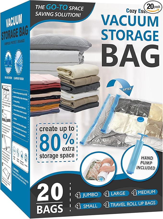 Cozy Essential Vacuum Storage Bags, 80% Compression Vacuum Seal Space Saver Plastic Packaging Bags for Clothes, Blankets, Pil