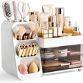 HBlife Makeup Organizer with Brush Holder for Vanity, Large Plastic Bathroom Countertop Organizer Skin Care Storage, Easy to 
