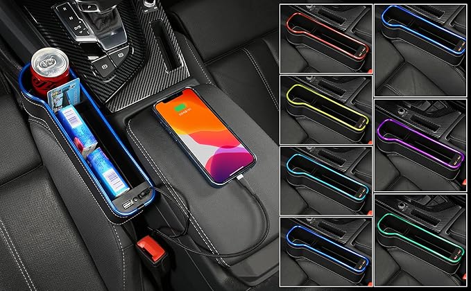 7 Color Led Car Seat Gap Organizer with 56W Fast Charger Car Console Organizer with Cup Holder Front Seat Gap Filler with USB Between Seat Cup Holder fit for Android iPhone (Black)