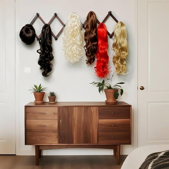 SKOLOO Accordion Wall Hanger with 16 Hooks, Modern Expandable Coat Rack Hat Rack for Wall, Solid Wooden, Cherry Red