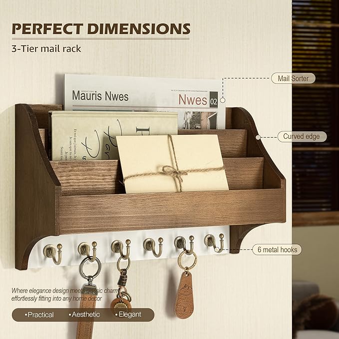 Rebee Vision Pine Wood Key Holder Wall Mount - Farmhouse 3-Tire Mail Holder with 6 Key Hooks for Home Decor- Multifunctional 
