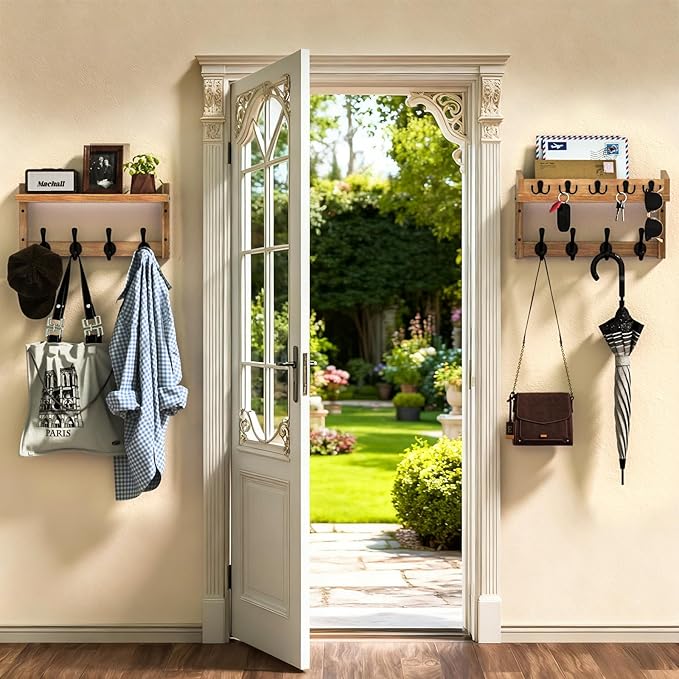 35'' Brown Coat Rack Wall Mount with Shelf, Solid Wood Coat and Key Hanger with 13 Metal Hooks, Farmhouse Wall Organizer for 