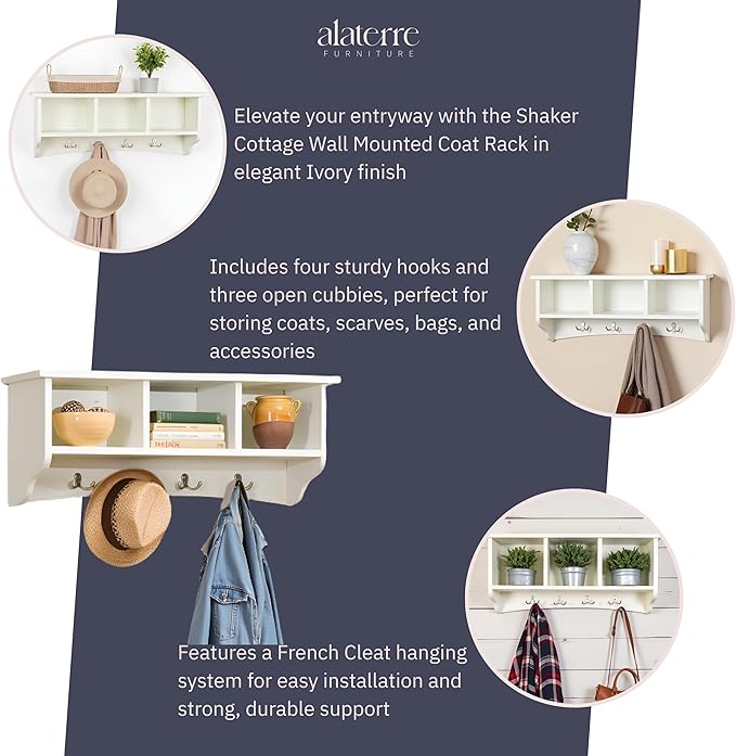 Shaker Cottage 36-Inch Wall-Mounted Coat Rack with 3 Open Shelves – Transitional Entryway Organizer, Mudroom Storage Shelf wi