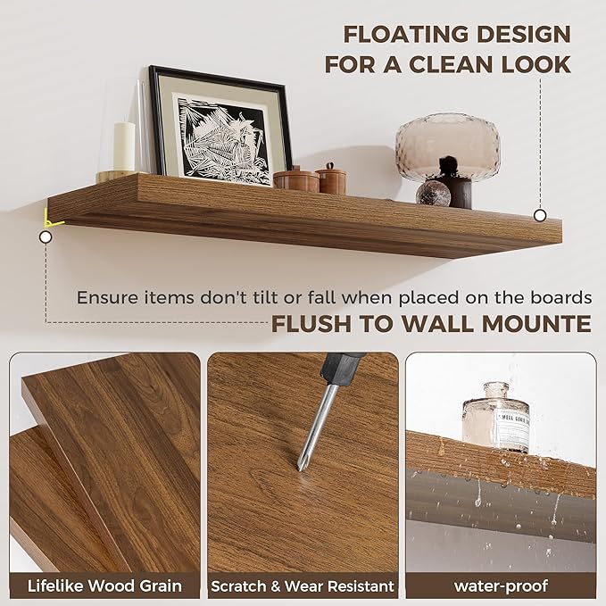 Fun Memories 12 Deep Floating Shelves for Wall | 30W x 12D Large Floating Shelves | 3 Pack Storage Space Wall Mount Shelf for