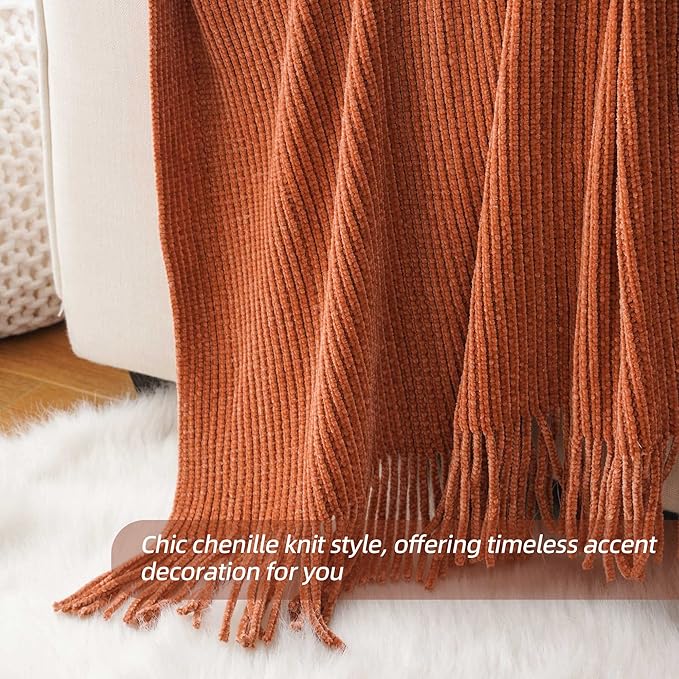 BATTILO HOME Rust Orange Throw Blanket for Couch, Soft Chenille Knit Throws with Tassels for Home Decor, Fall Caramel Throws 