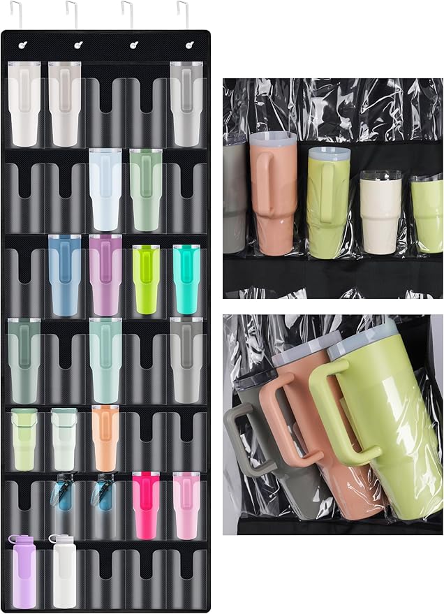 NiHome 35-Pocket Large Capacity Door Cup Organizer for Stanley Tumblers 30oz, 40oz, Door Hanging Water Bottle Storage with Do