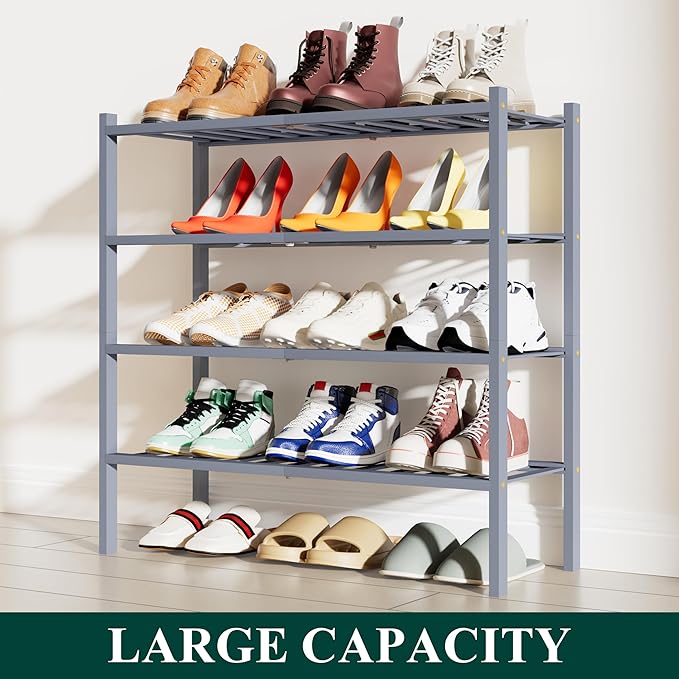 Smiry Shoe Rack, 4 Tier Bamboo Shoe Organizer, Stackable Free Standing Wooden Shoe Storage Shelf for Closet, Entryway, Front 