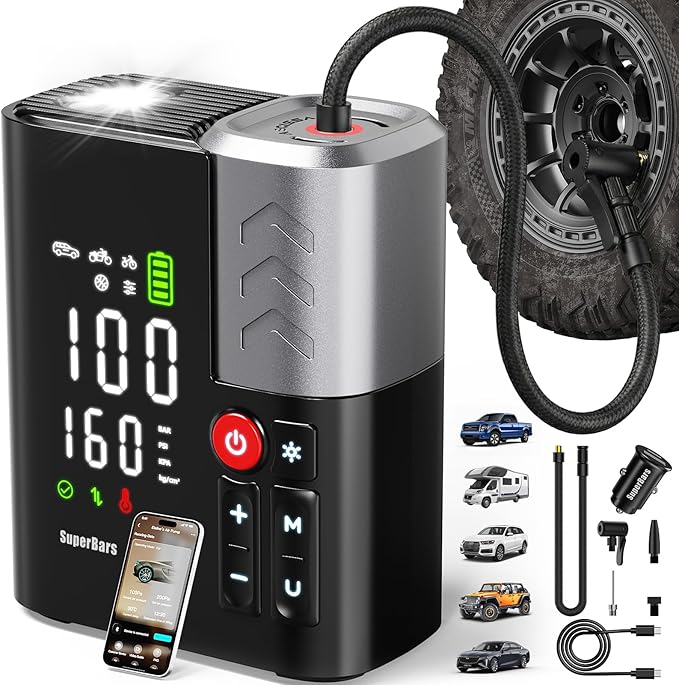 Tire Inflator Portable Air Compressor, SuperBars 3X Faster Air Pump with APP, 160PSI 48LPM Electric Tire Pump with 10400mAh Battery, 45W Faster Charging, Tire Inflator for Car SUV Pickup RV MPV Truck