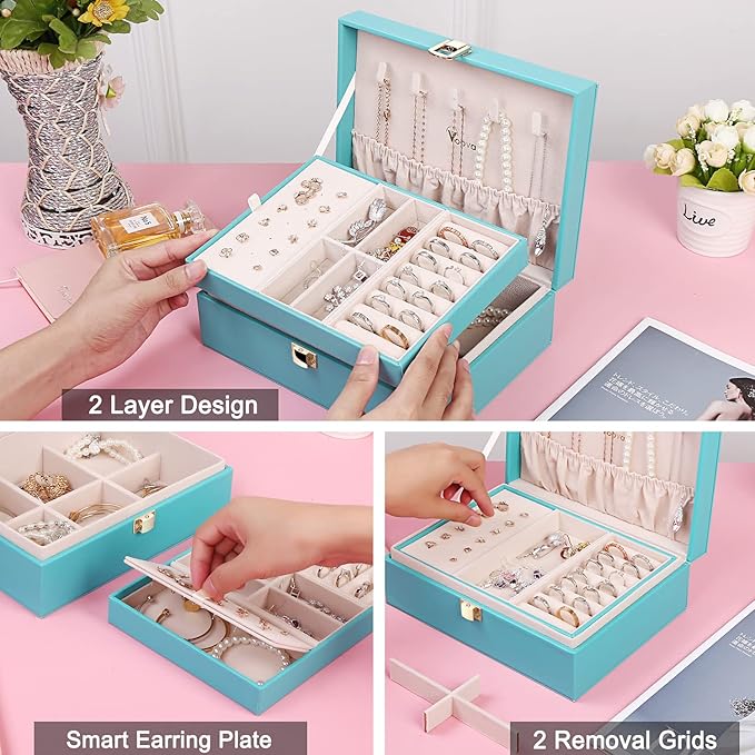 Voova Jewelry Box Organizer for Women Girls, 2 Layer Large Men Jewelry Storage Case, PU Leather Display Jewellery Holder with