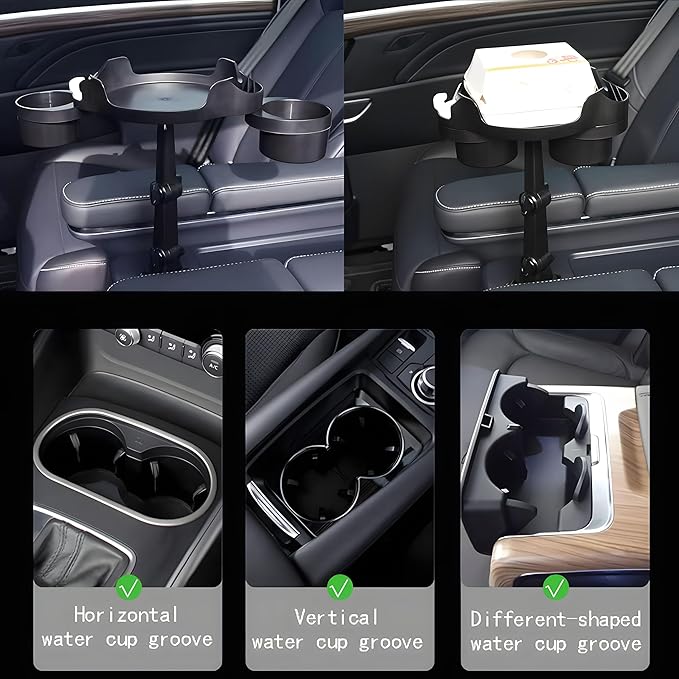 Cup Holder Expander for Car, Degrees Rotate Adjustable Surface Car Tray Table and Drink Holders with Coaster, Apply to All Au