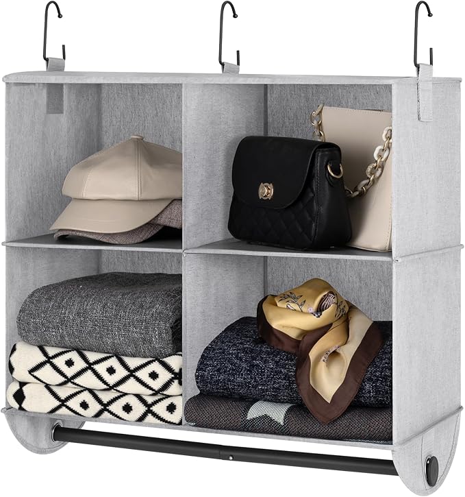 StorageWorks Hanging Closet Organizer with Metal Rod, 4-Section Closet Organizers and Storage, Collapsible Hanging Shelves fo