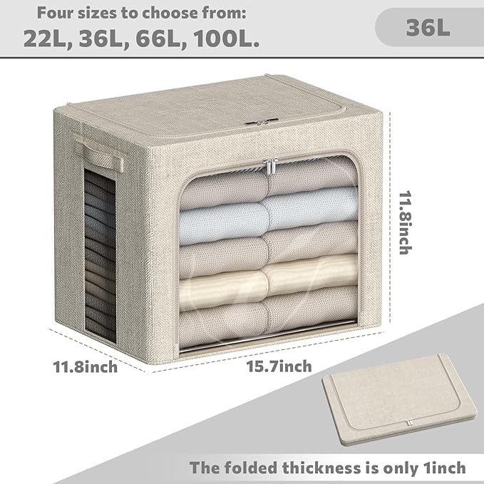 FHSQX 6 Pack Clothes Storage Bins with Metal Frame Foldable Storage Bins for Clothes Linen Fabric Storage Box with Clear Wind