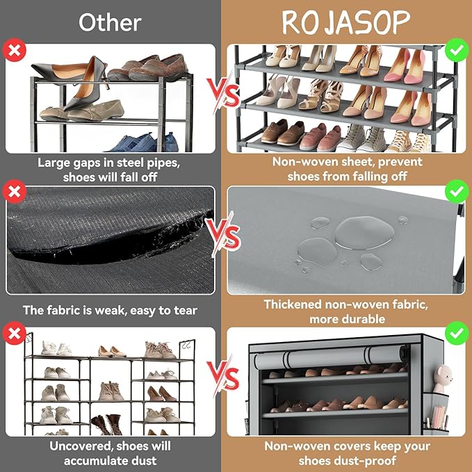 ROJASOP Shoe Rack with Covers, Stackable 10 Tier Tall Shoe Shelf Storage 50-55 Pairs Shoes and Boots Large Capacity Vertical 