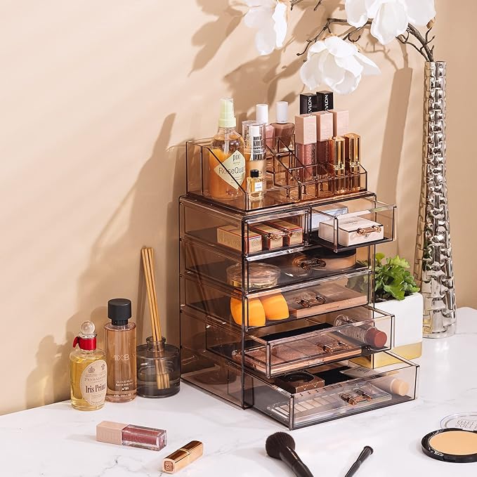 Sorbus Acrylic Makeup Organizer Set, 6-Drawer Vanity & Countertop Cosmetic Storage with Small & Wide Compartments, Bronze Glo