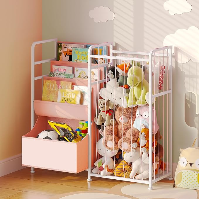 BBLIKE Kids Bookshelf and Stuffed Animal Storage - Multi-Function Nursery Book Shelves with Toy Box and PVC Book Display, Toy