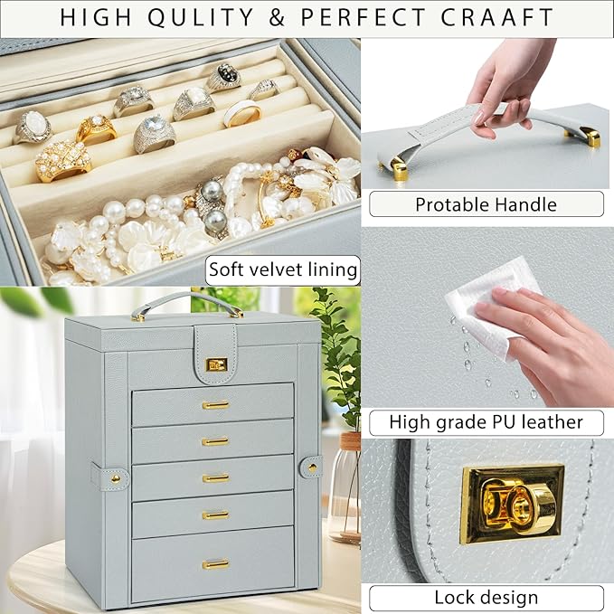 AKOZLIN Large Jewelry Box Organizer Functional with Big Mirror, Leather Jewelry Storage Case for Women Girls Ring Necklace Ea