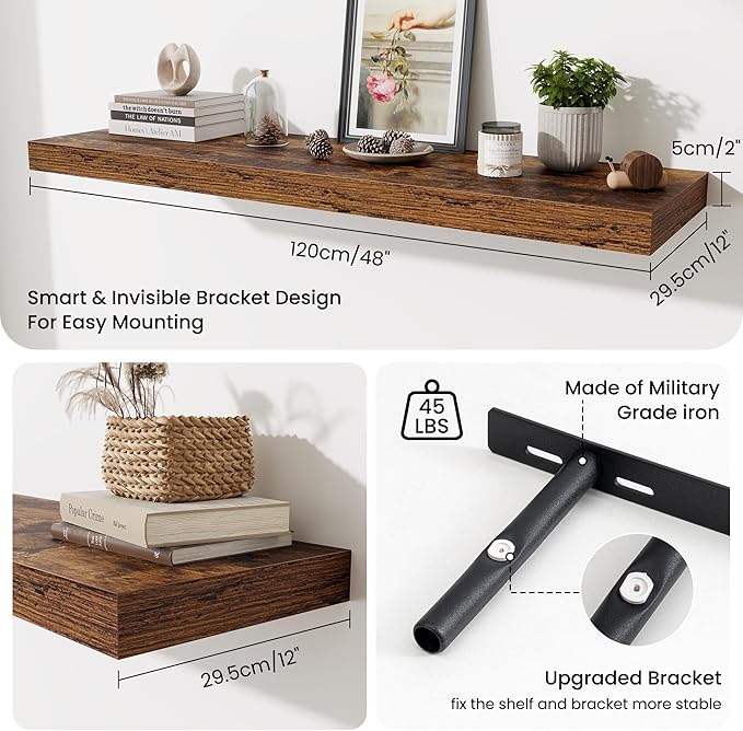 48 Inch Floating Shelves for Wall - 12 Inch Deep Fireplace Mantel Shelf - Wood Floating Shelf for Wall - Large Storage Shelve