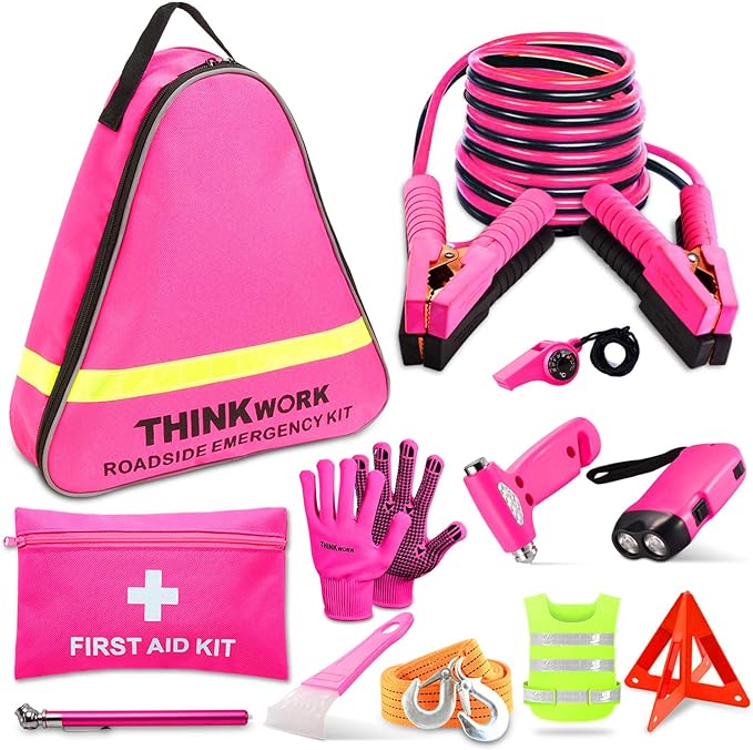 THINKWORK Car Emergency Kit for Teen Girl and Lady's Gifts, Pink Emergency Roadside Assistance kit with 10FT Jumper, First Ai