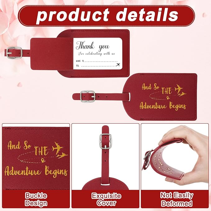 Sweetude 48 Sets Leather Luggage Tag Bulk and So The Adventure Begins Luggage Tags with Name Card for Wedding Bridal Shower B