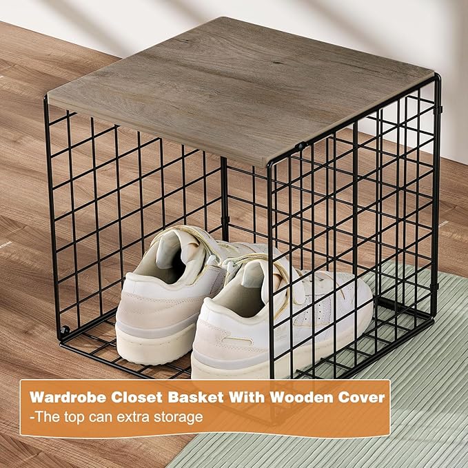 Hencawima 6 Pack Stackable Closet Organizers and Storage Basket, Closet Shelves with Wood Top, Clothes Storage Bin/Cube Organ