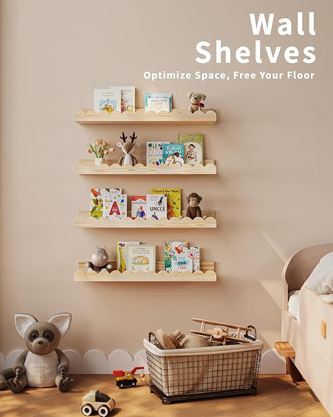 Shario Nursery Book Shelves, 4-Pack Wood Floating Shelves for Wall Kids, Scalloped Shelves, Wall Book Shelves for Bedroom Kid