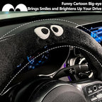 Car Headrest Pillow & Steering Wheel Cover Set with Cute Big-Eyed Furball Travel Neck Support Pillow Fur Car Interior Accessory (Black Ring Cover)